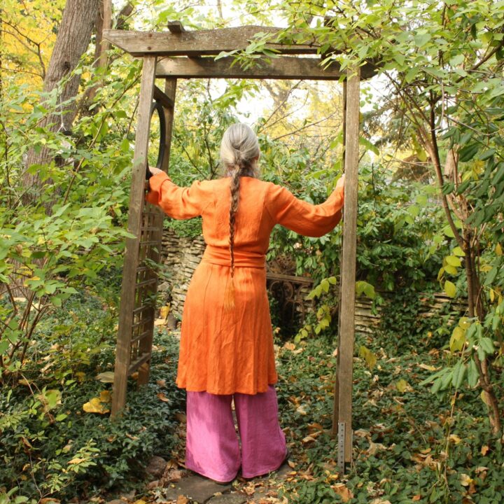 Raspberry pink wide leg linen pants and orange linen wrap jacket (back view) by Hello My Goddess