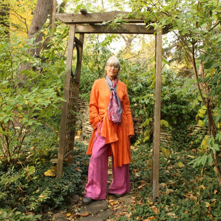 Raspberry pink wide leg linen pants and orange linen wrap jacket by Hello My Goddess